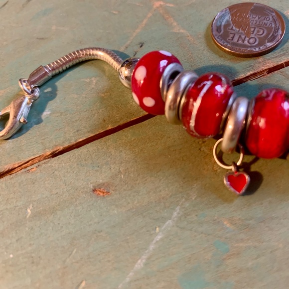 Hearts - Enameled Red Heart Drop Charm Bracelet -  Red Bead Bracelet - Picture 4 of 7